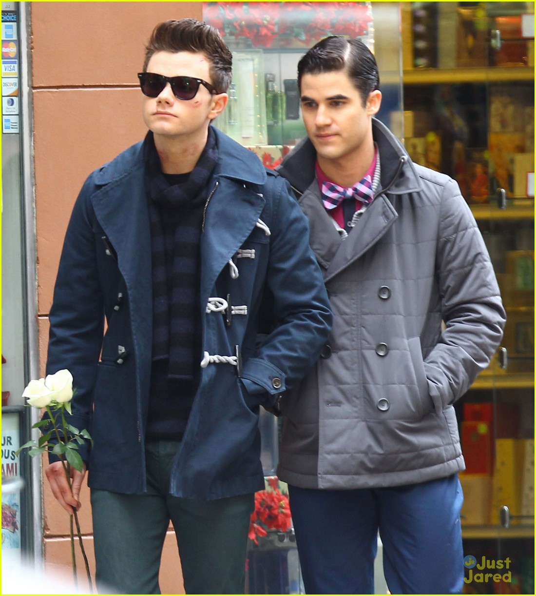 Darren Criss Leans on Chris Colfer's Shoulder While Filming 'Glee'