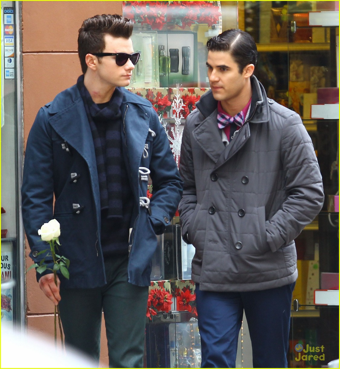 Darren Criss Leans on Chris Colfer's Shoulder While Filming 'Glee'