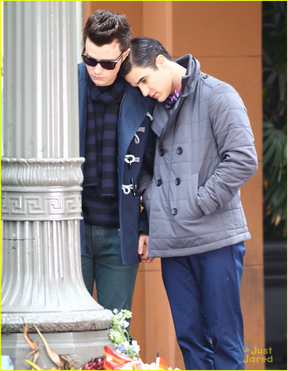 Darren Criss Leans on Chris Colfer's Shoulder While Filming 'Glee'