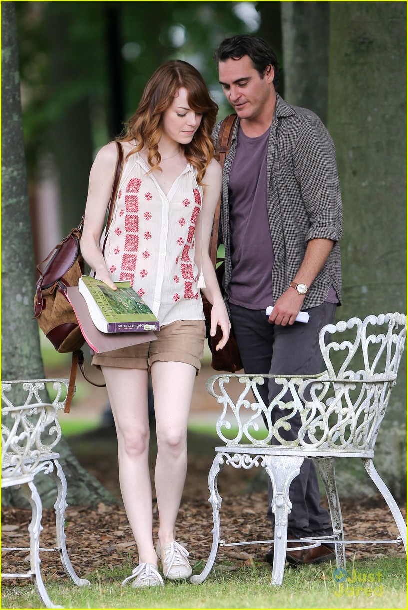 Emma Stone Chats Up Joaquin Phoenix During Park Scene for Woody Allen Film