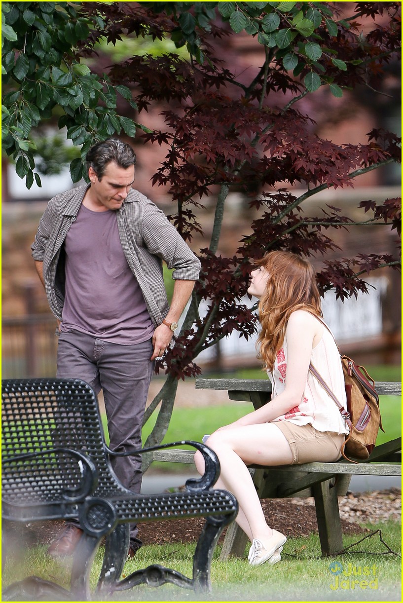 Emma Stone Chats Up Joaquin Phoenix During Park Scene for Woody Allen Film