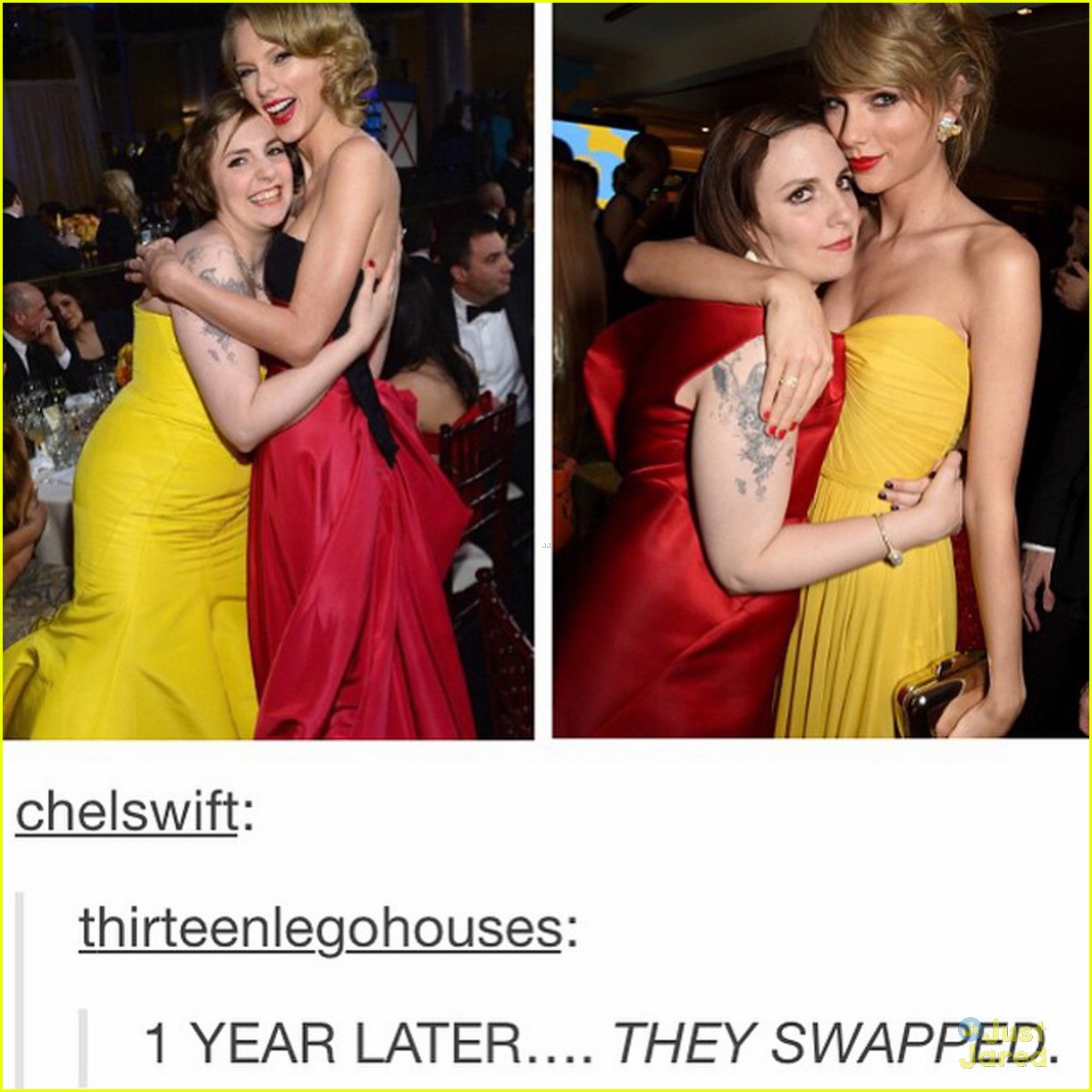 Taylor Swift & Lena Dunham Swap Red & Yellow Dresses at Golden Globes 2015 Party