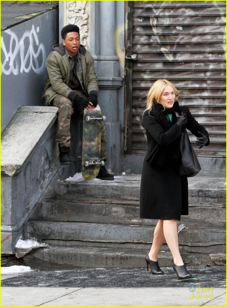 Jacob Latimore Hugs Kate Winslet On 'Collateral Beauty' Set
