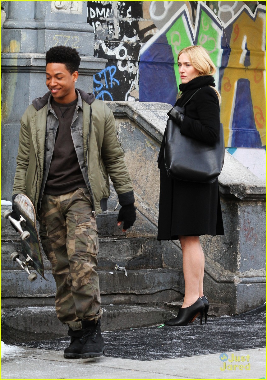 Jacob Latimore Hugs Kate Winslet On 'Collateral Beauty' Set