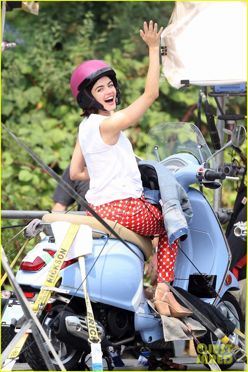 Lucy Hale Rides a Vespa & Does Some Gardening on 'Life Sentence' Set