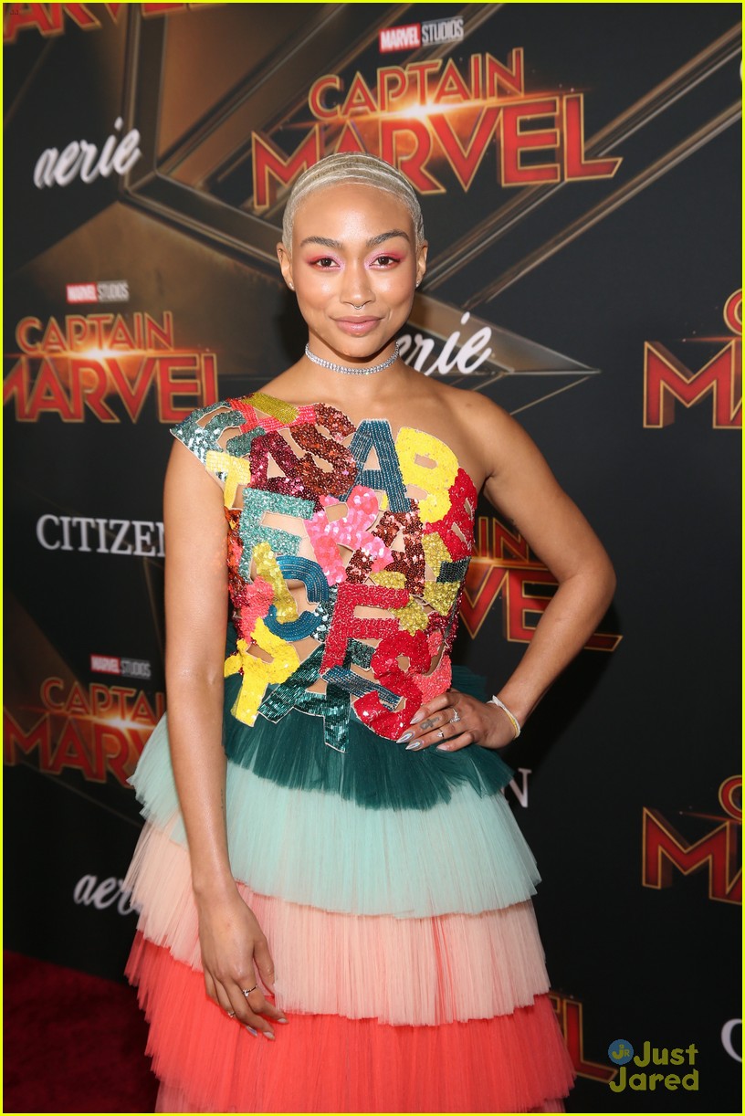 'Sabrina's Tati Gabrielle Wears The Alphabet On Her Dress at 'Captain Marvel' Premiere
