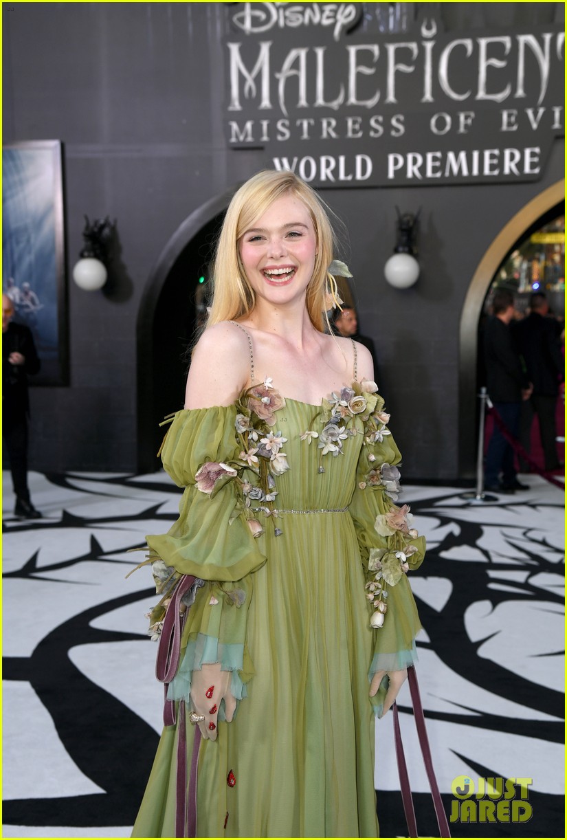 Elle Fanning Glows in Green Floral Dress at 'Maleficent 2' Premiere