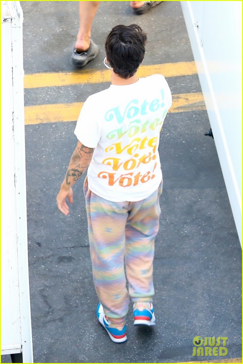 Harry Styles Wears a 'VOTE' Shirt on 'Don't Worry Darling' Set (Photos)