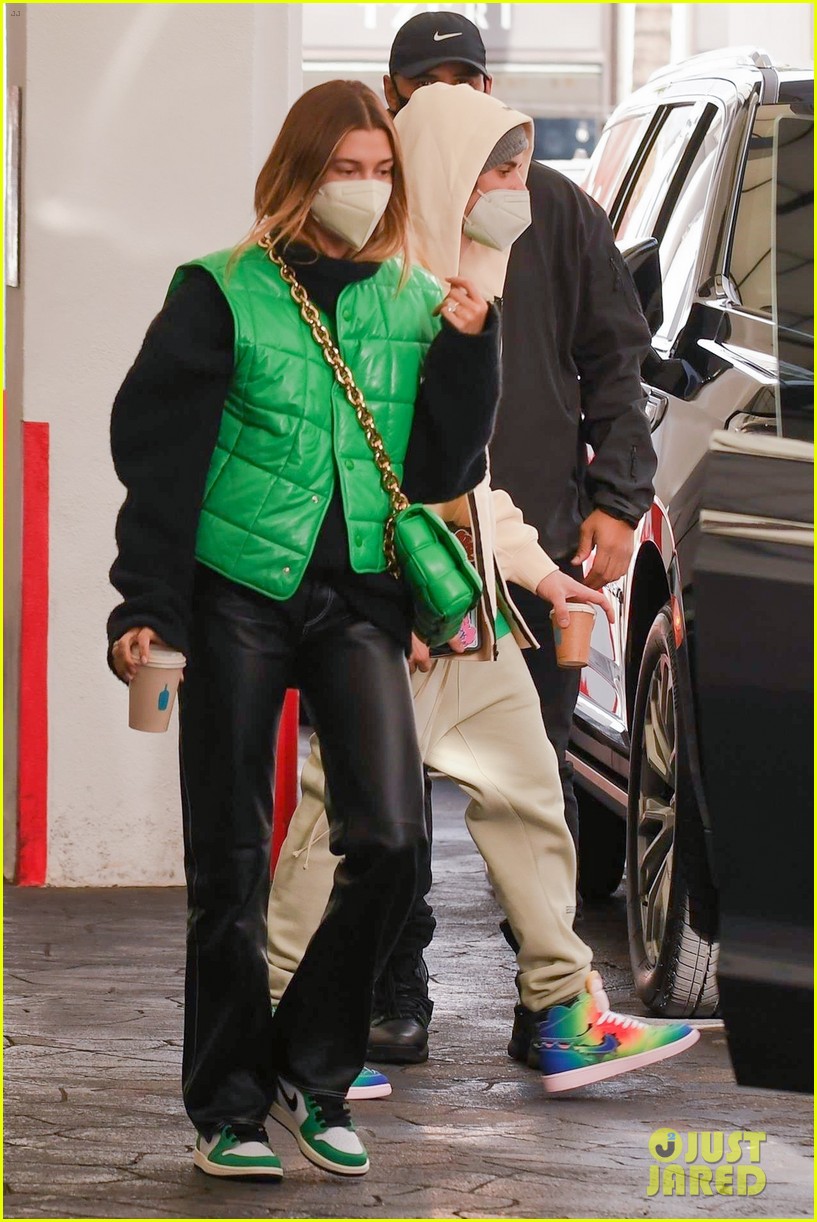 Justin & Hailey Bieber Step Out For Meeting in Matching Green Outfits