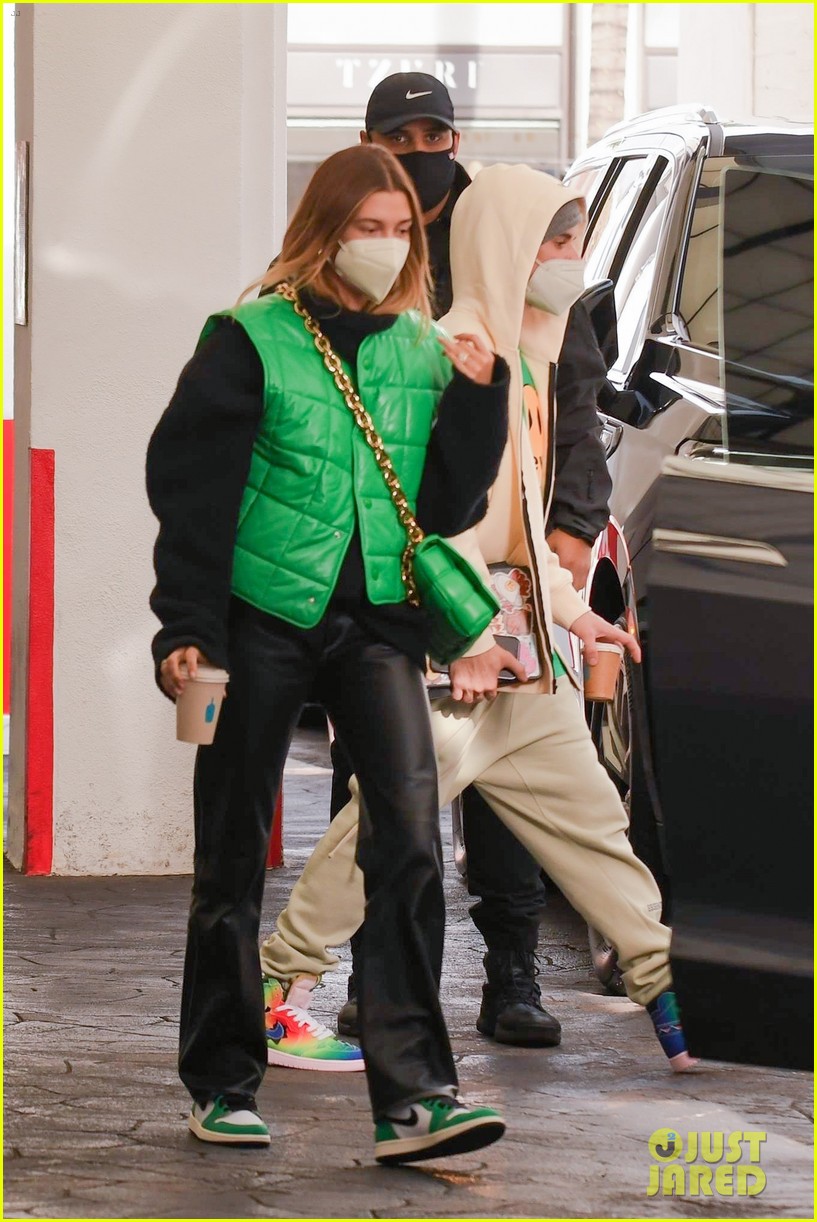 Justin & Hailey Bieber Step Out For Meeting in Matching Green Outfits