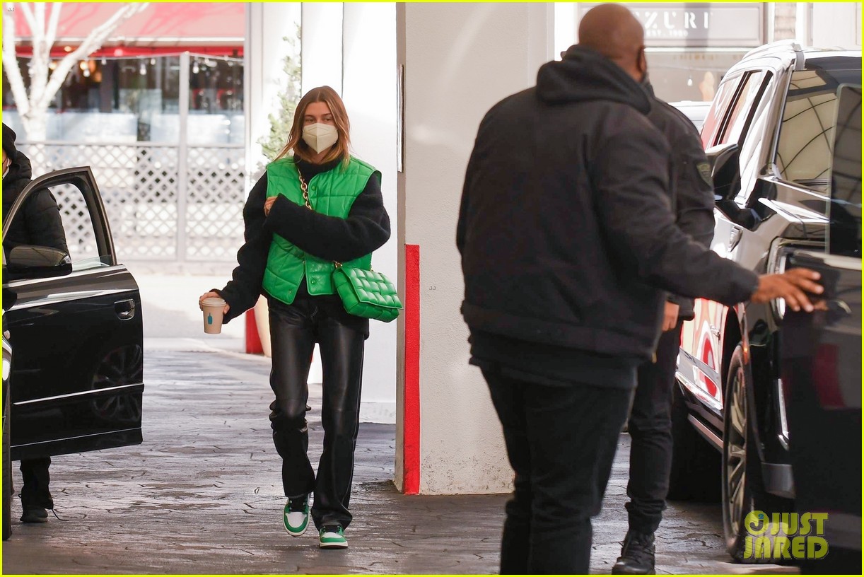 Justin & Hailey Bieber Step Out For Meeting in Matching Green Outfits