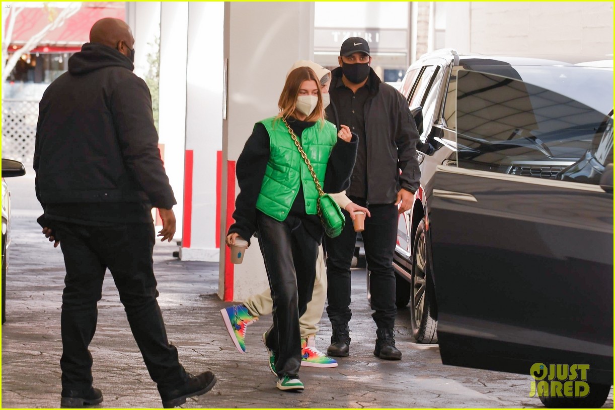 Justin & Hailey Bieber Step Out For Meeting in Matching Green Outfits
