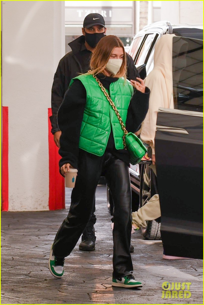 Justin & Hailey Bieber Step Out For Meeting in Matching Green Outfits