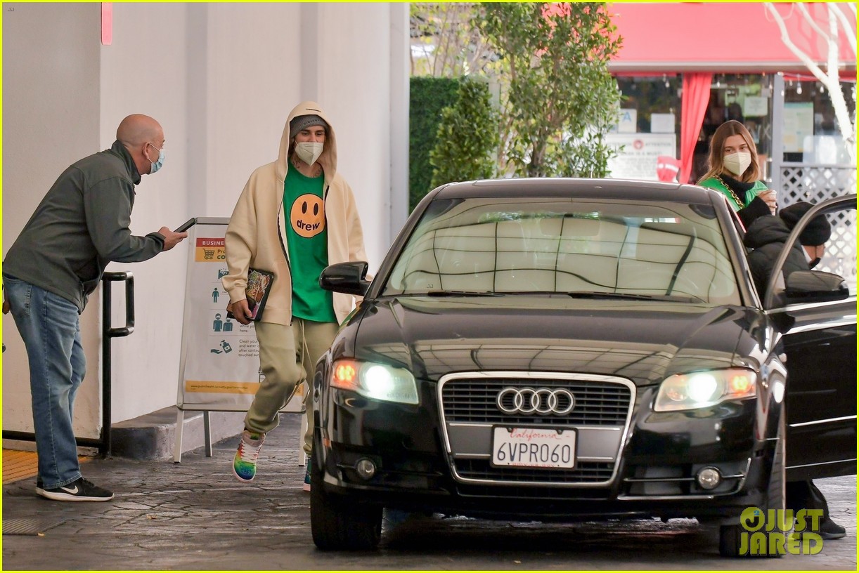 Justin & Hailey Bieber Step Out For Meeting in Matching Green Outfits
