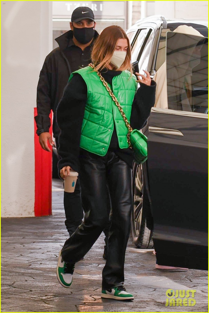 Justin & Hailey Bieber Step Out For Meeting in Matching Green Outfits