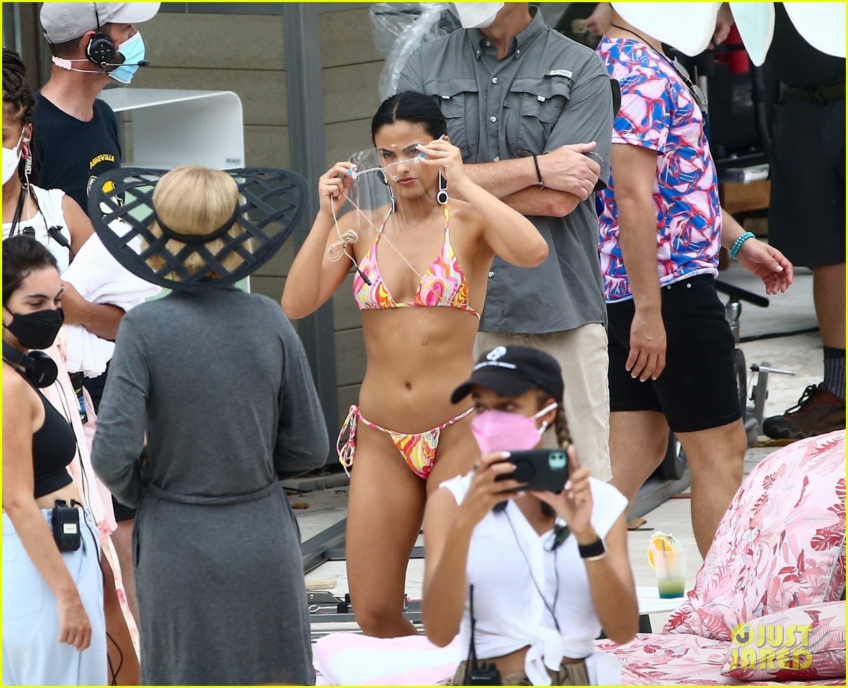 Camila Mendes & Maya Hawke Lounge By The Pool In Cute Suits While Filming 'Strangers'