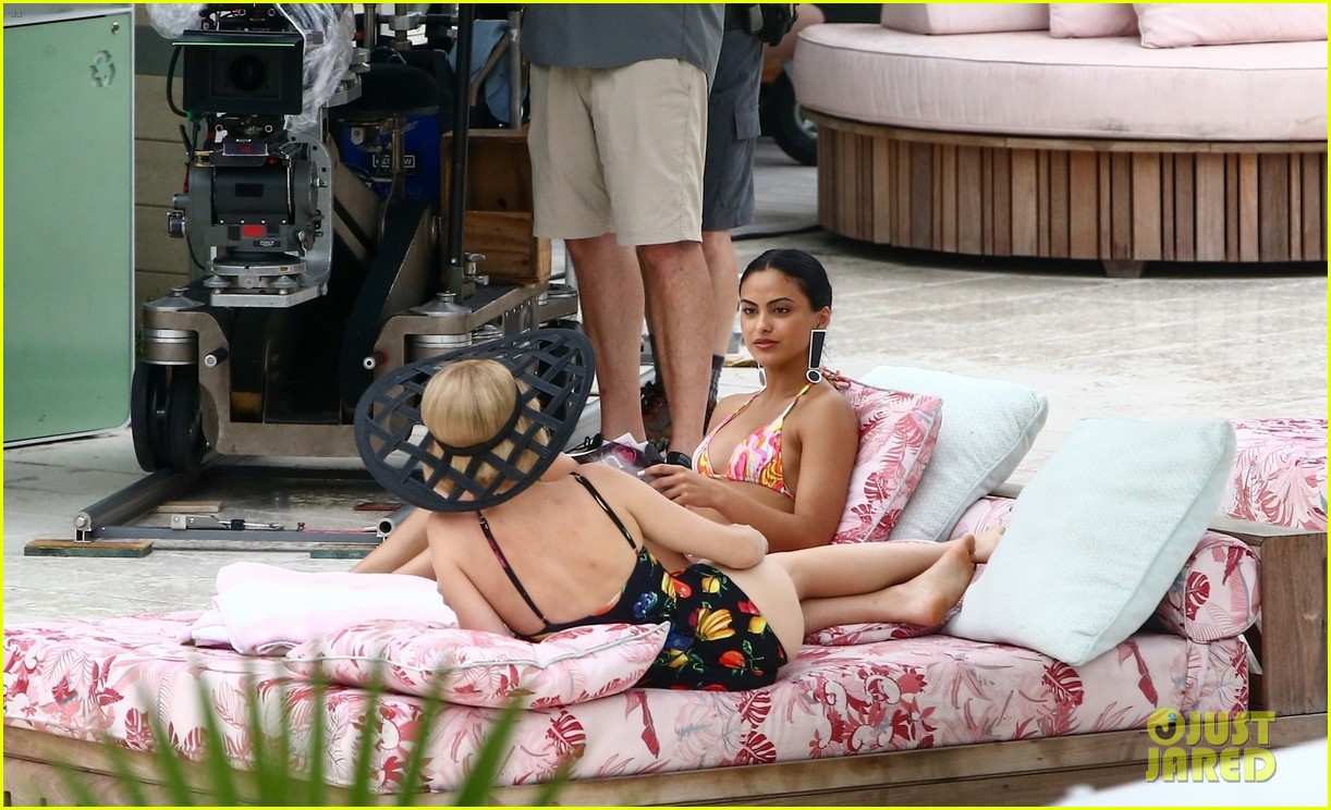 Camila Mendes & Maya Hawke Lounge By The Pool In Cute Suits While Filming 'Strangers'