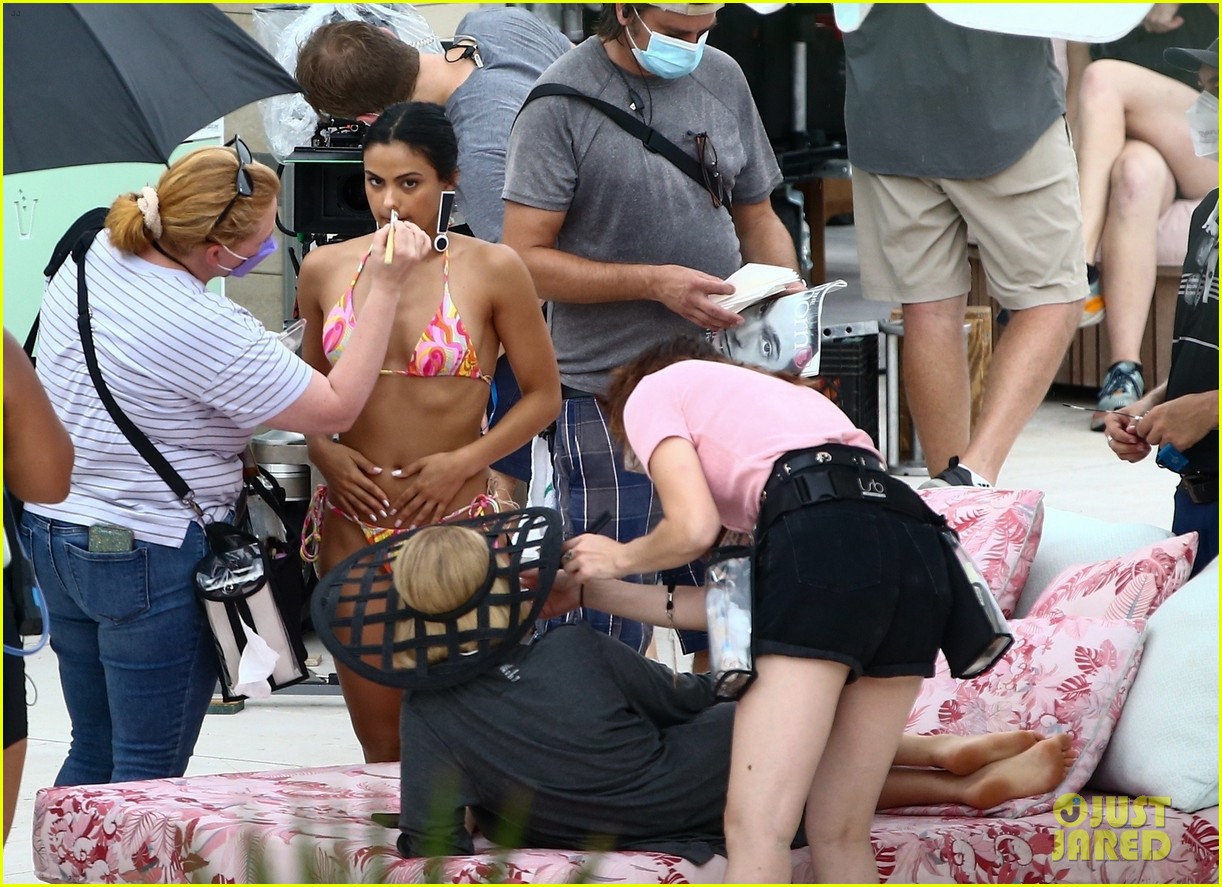 Camila Mendes & Maya Hawke Lounge By The Pool In Cute Suits While Filming 'Strangers'