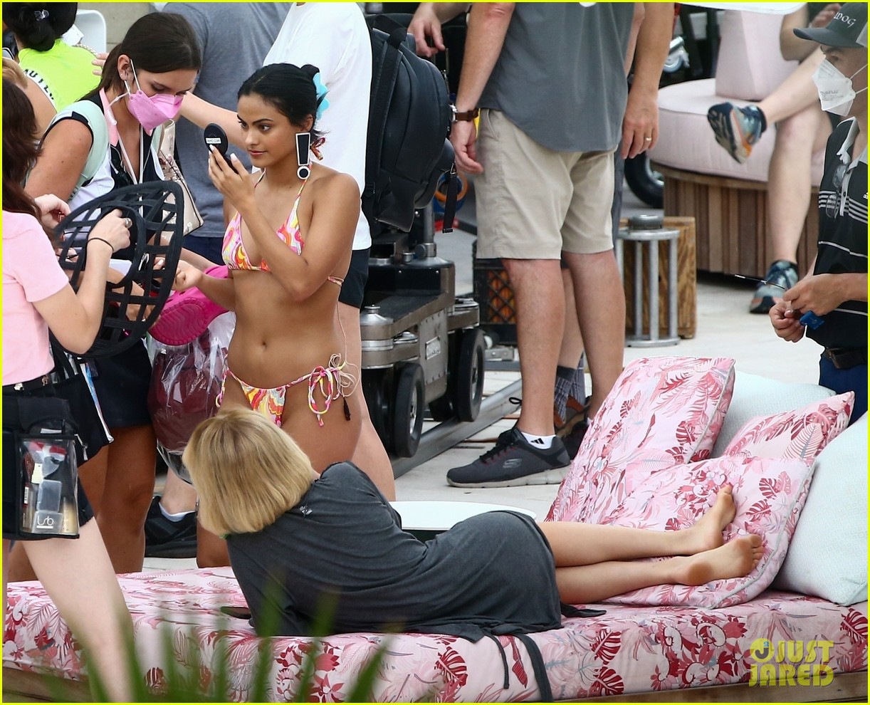Camila Mendes & Maya Hawke Lounge By The Pool In Cute Suits While Filming 'Strangers'