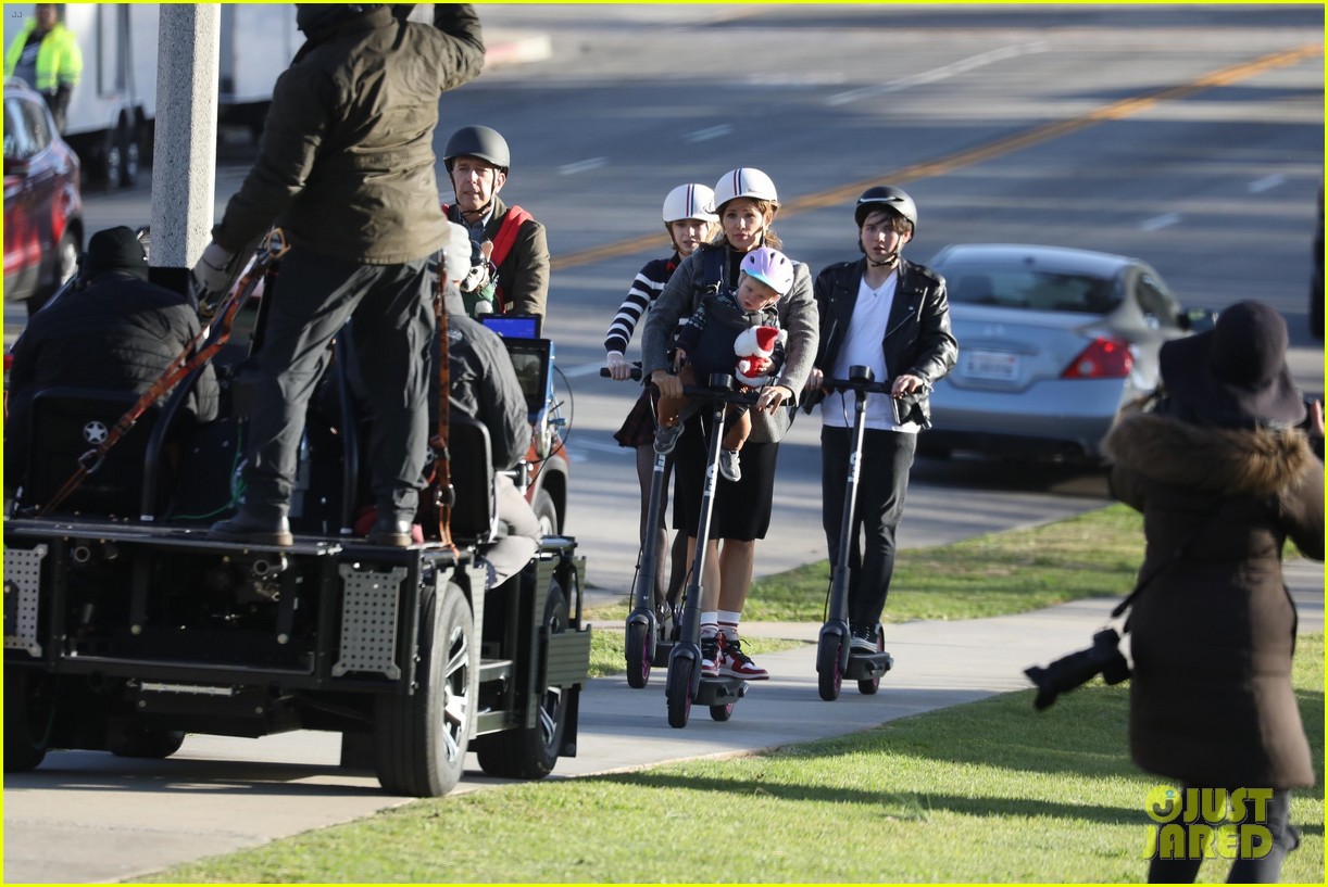Emma Myers & Brady Noon Go on a Family Scooter Ride With Jennifer Garner for 'Family Leave' Filming